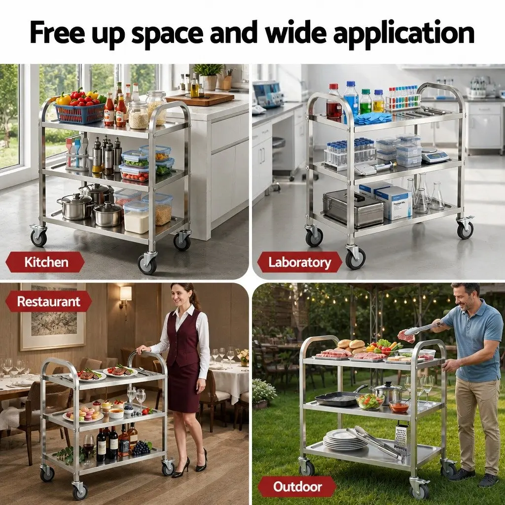 3-Tier Stainless Steel Kitchen Trolley Rolling Cart Service Bench Island Prep