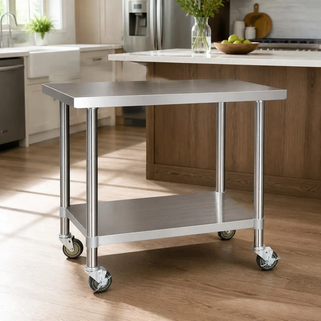 Stainless Steel Kitchen Work Bench with Lockable Wheels Adjustable Shelving