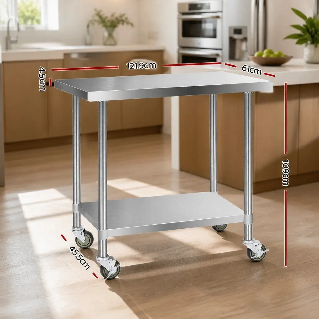 Stainless Steel Kitchen Work Bench Adjustable Shelving Lockable Wheels 1219 x 610 x 890mm Silver