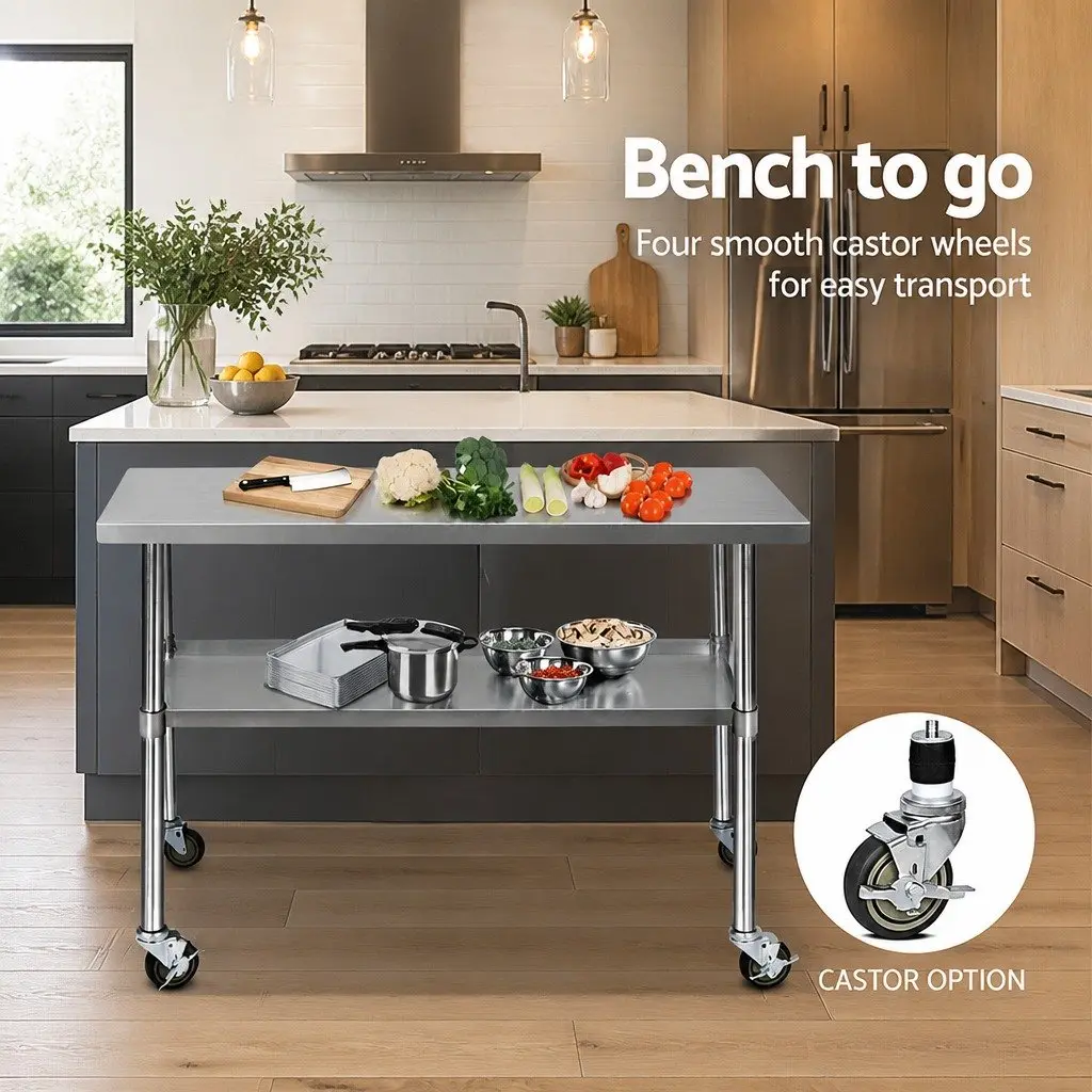 Stainless Steel Kitchen Work Bench Adjustable Shelving Lockable Wheels 1219 x 610 x 890mm Silver
