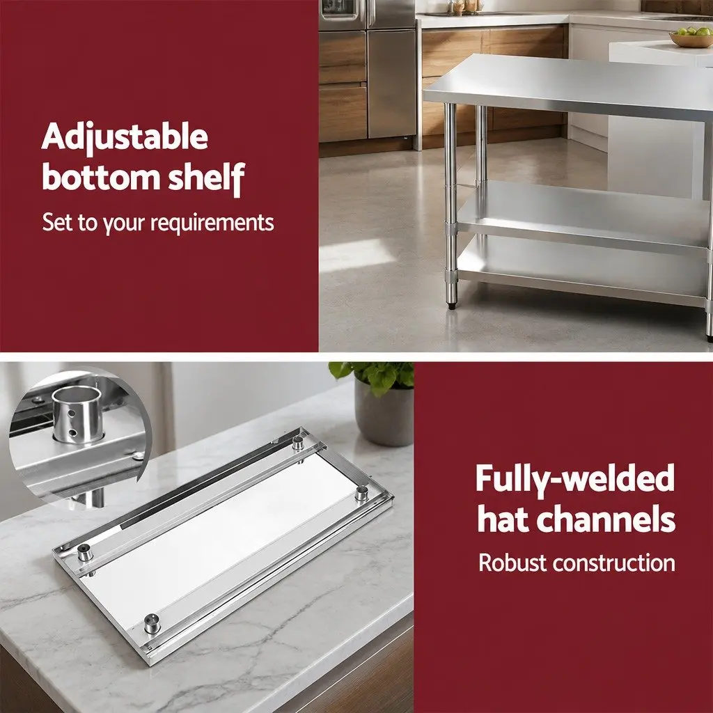 Stainless Steel Kitchen Work Bench Adjustable Shelving Lockable Wheels 1219 x 610 x 890mm Silver
