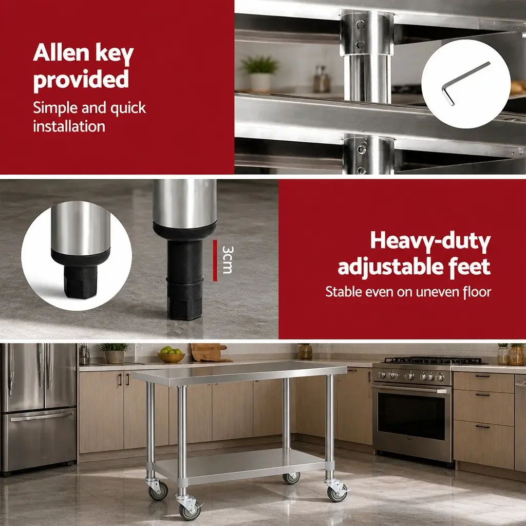 Stainless Steel Kitchen Work Bench Adjustable Shelving Lockable Wheels 1219 x 610 x 890mm Silver