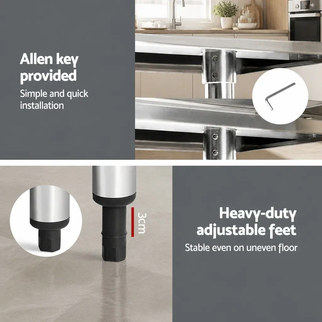 Stainless Steel Kitchen Work Bench Adjustable Shelving Lockable Wheels 1219 x 610 x 890mm Silver
