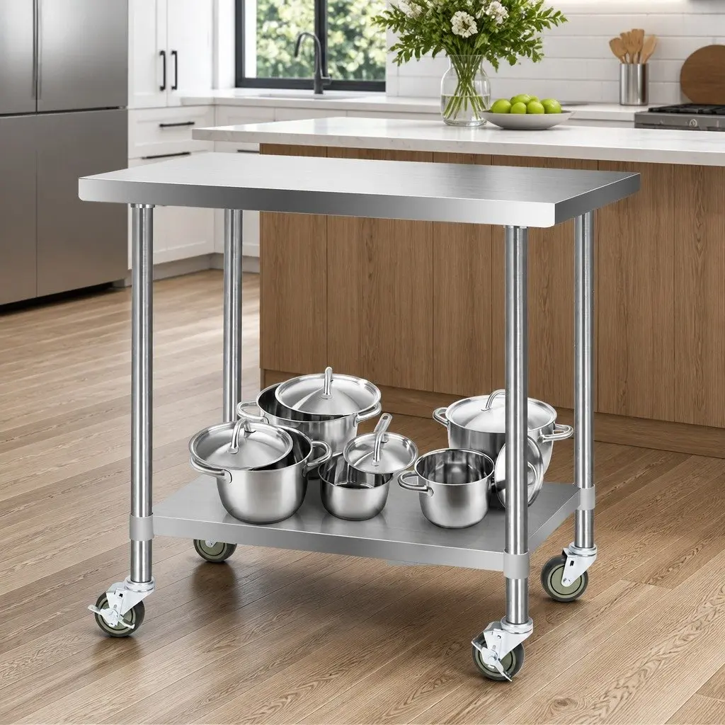 Stainless Steel Kitchen Work Bench Adjustable Shelving Lockable Wheels 1219 x 610 x 890mm Silver