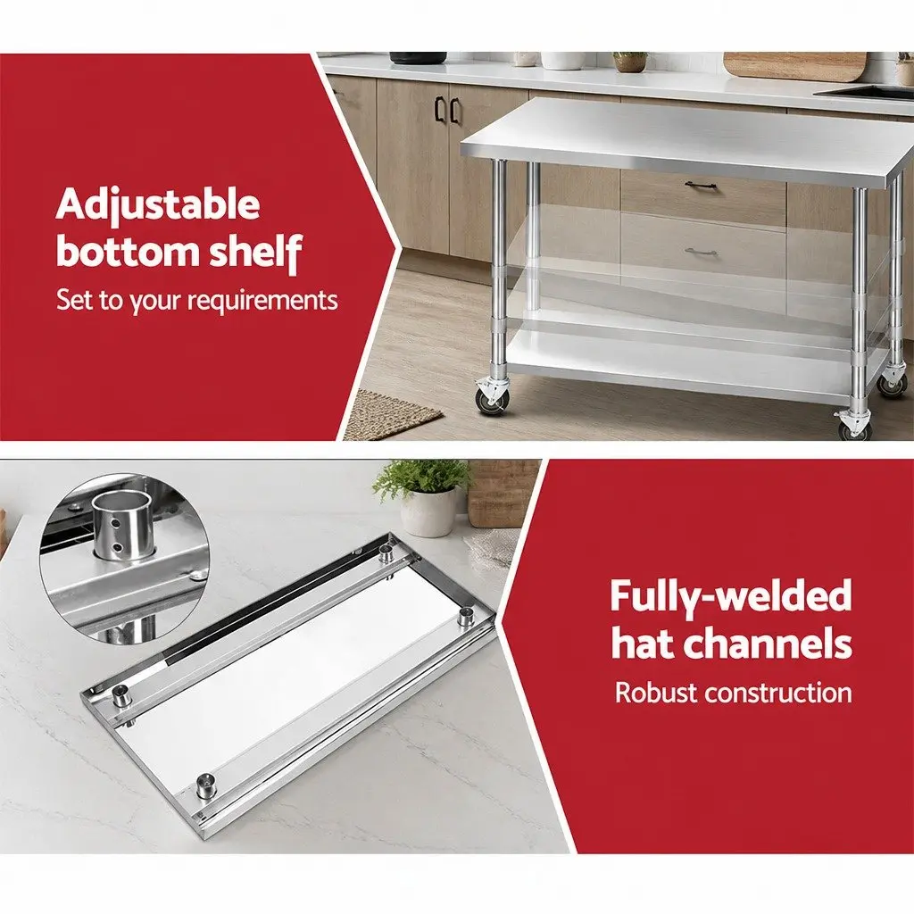 Stainless Steel Kitchen Bench with Wheels 1524x610mm Adjustable Shelf Work Table Silver