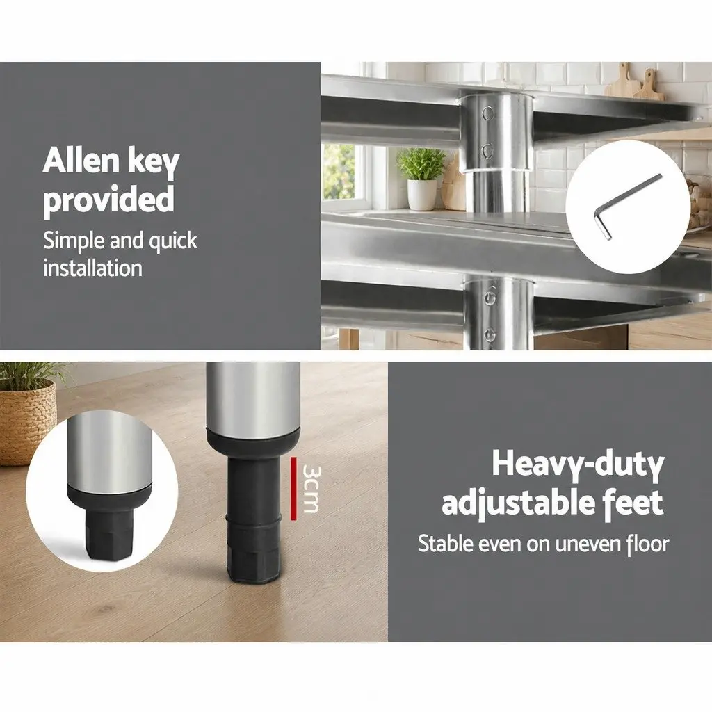 Stainless Steel Kitchen Bench with Wheels 1524x610mm Adjustable Shelf Work Table Silver