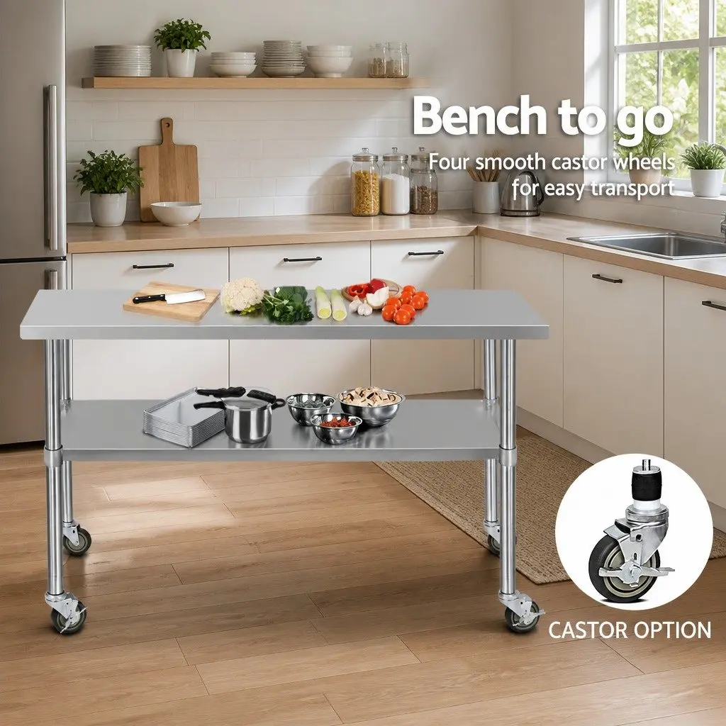 Stainless Steel Kitchen Bench with Wheels 1524x610mm Adjustable Shelf Work Table Silver