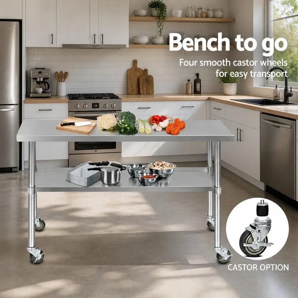 Stainless Steel Kitchen Bench with Wheels 1524x610mm Adjustable Shelf Work Table Silver