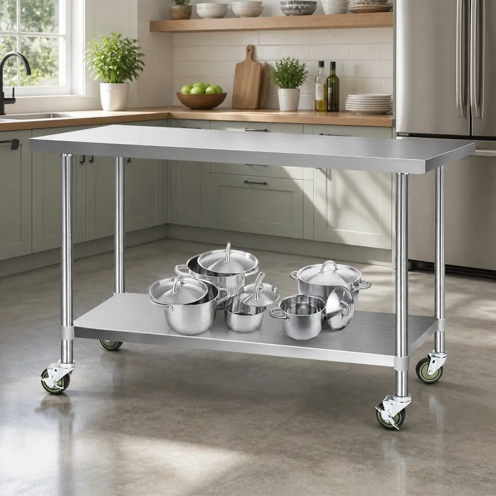 Stainless Steel Kitchen Bench with Wheels 1524x610mm Adjustable Shelf Work Table Silver