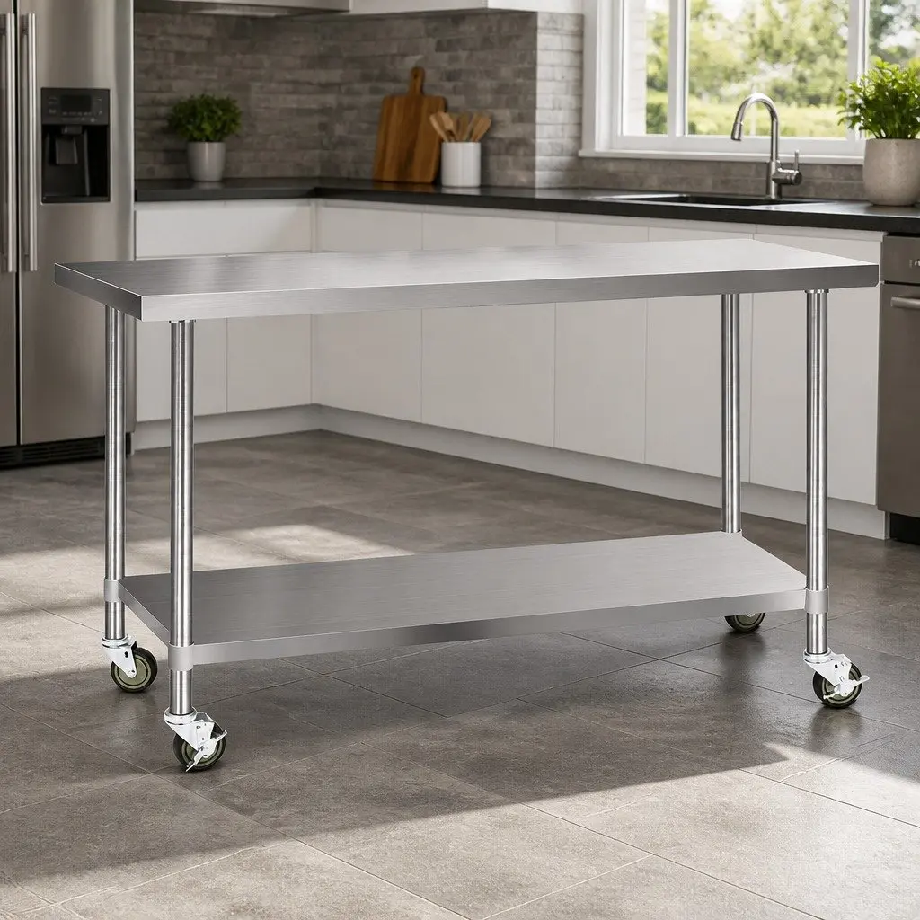 Stainless Steel Kitchen Bench 1829x610mm Movable Work Table Silver