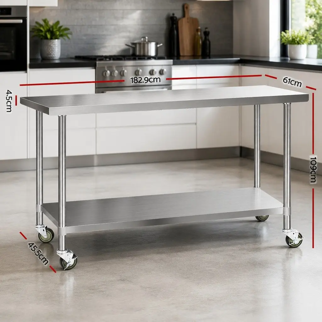 Stainless Steel Kitchen Bench 1829x610mm Movable Work Table Silver