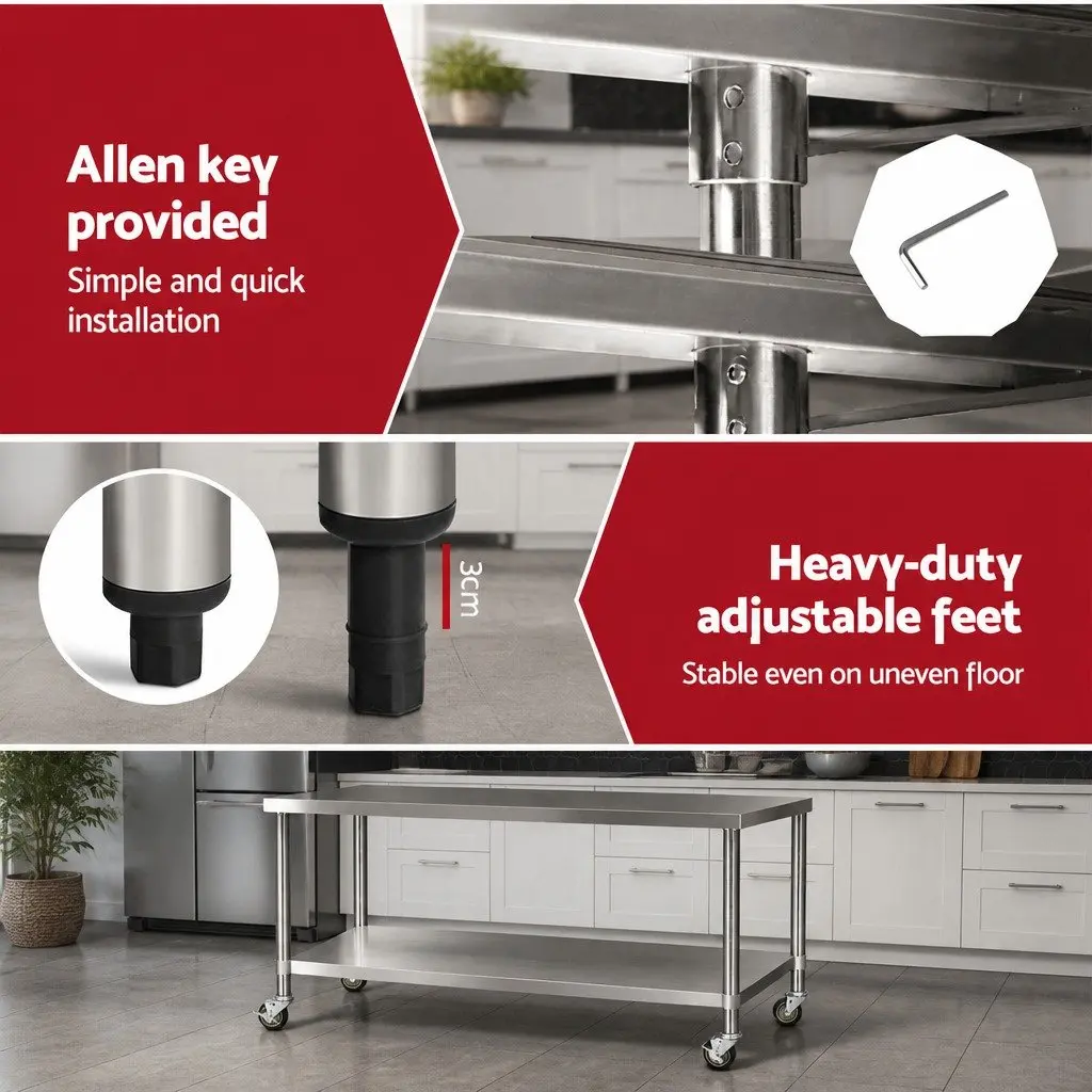 Stainless Steel Kitchen Bench 1829x610mm Movable Work Table Silver