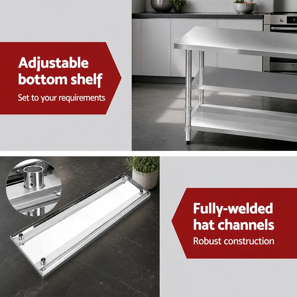 Stainless Steel Kitchen Bench 1829x610mm Movable Work Table Silver
