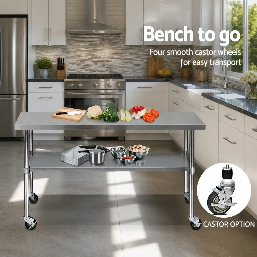 Stainless Steel Kitchen Bench 1829x610mm Movable Work Table Silver