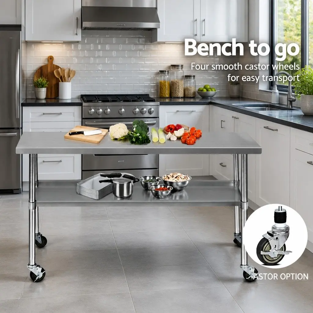 Stainless Steel Kitchen Bench 1829x610mm Movable Work Table Silver