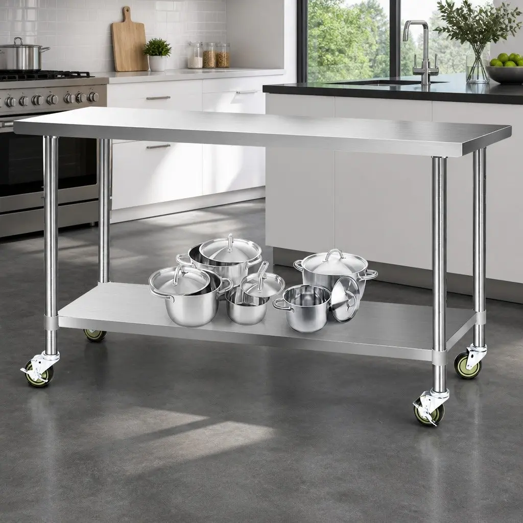 Stainless Steel Kitchen Bench 1829x610mm Movable Work Table Silver