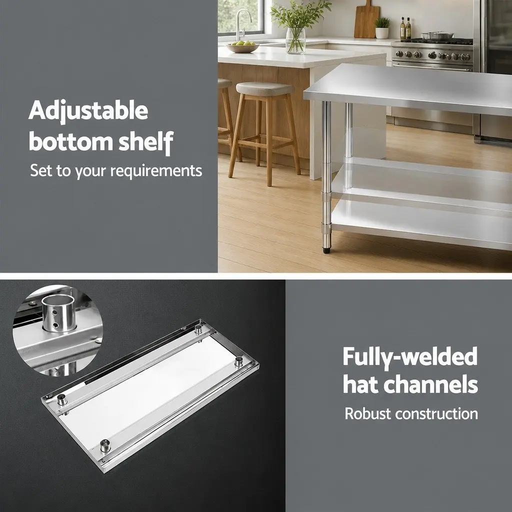 Stainless Steel Kitchen Work Bench 1219x610mm Heavy-duty Commercial Food Prep Adjustable