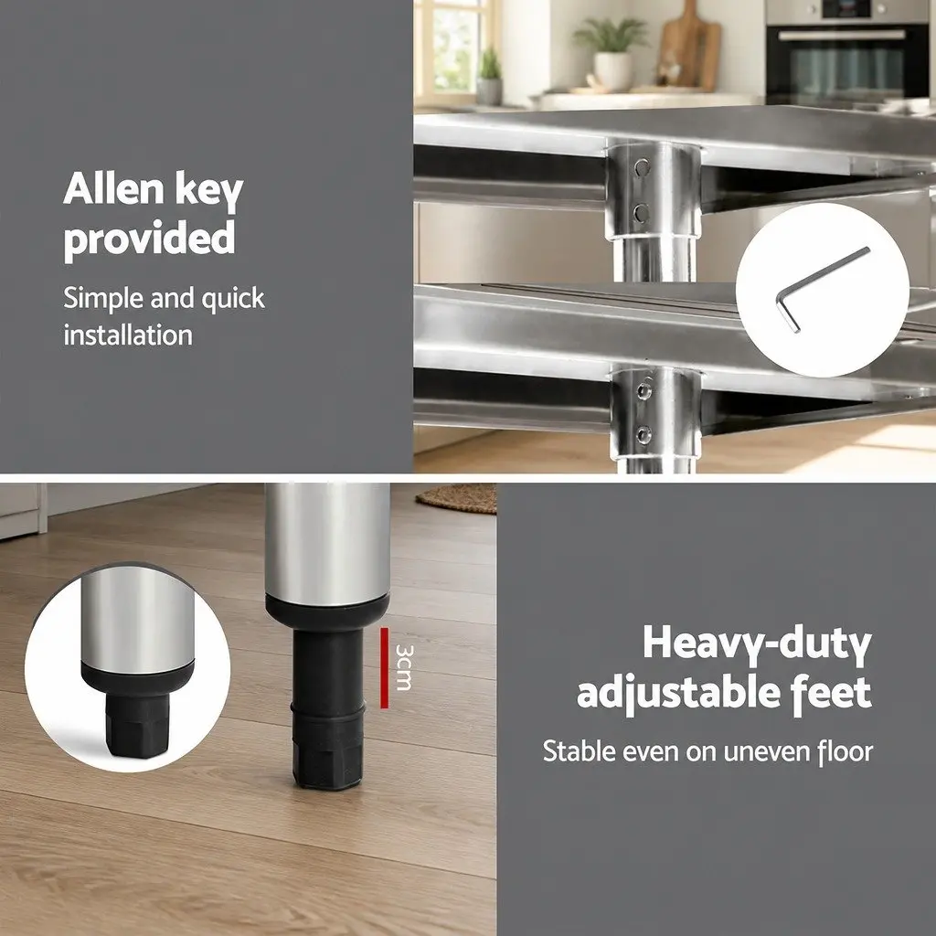 Stainless Steel Kitchen Work Bench 1219x610mm Heavy-duty Commercial Food Prep Adjustable