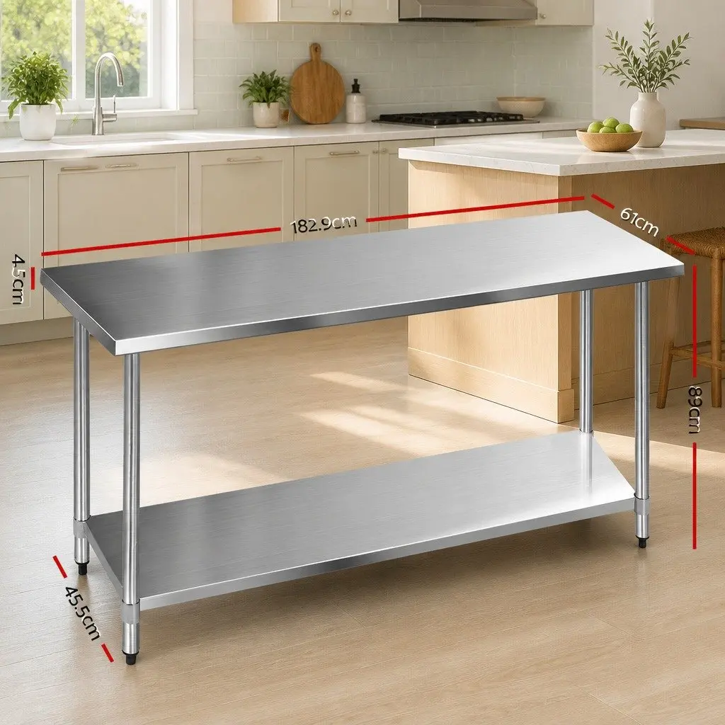 Stainless Steel Work Table Heavy Duty 1829x610mm Adjustable Shelf Silver