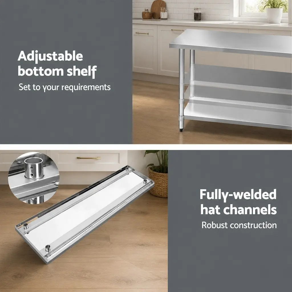 Stainless Steel Work Table Heavy Duty 1829x610mm Adjustable Shelf Silver