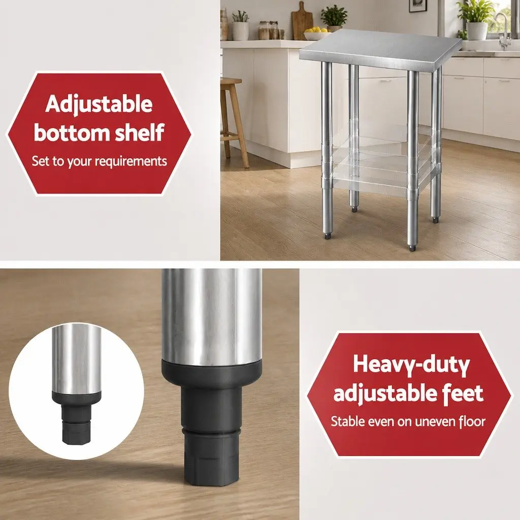 Stainless Steel Work Bench Kitchen Prep Table Adjustable Shelf 610x457mm Silver