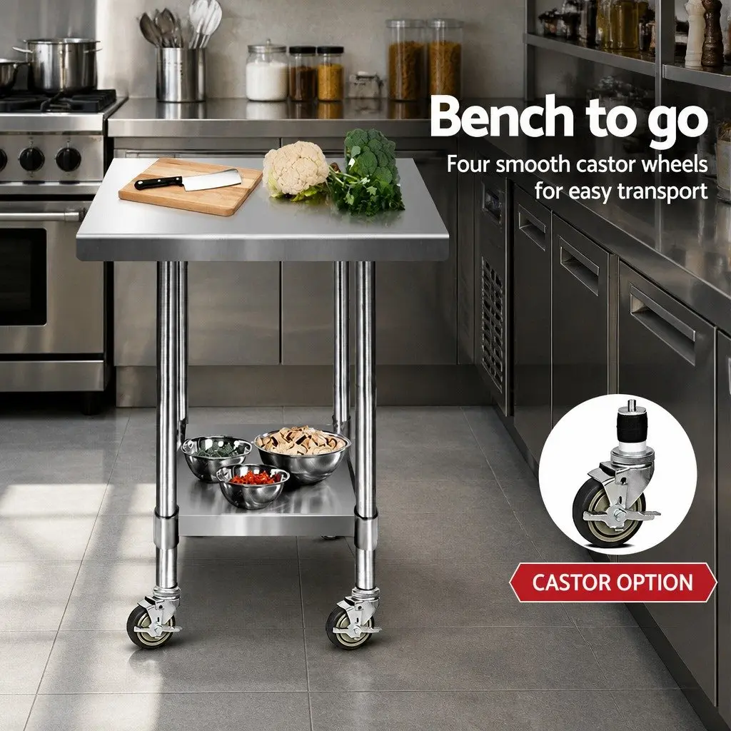 Stainless Steel Kitchen Work Bench 760x760mm with Castor Wheels Storage Shelf
