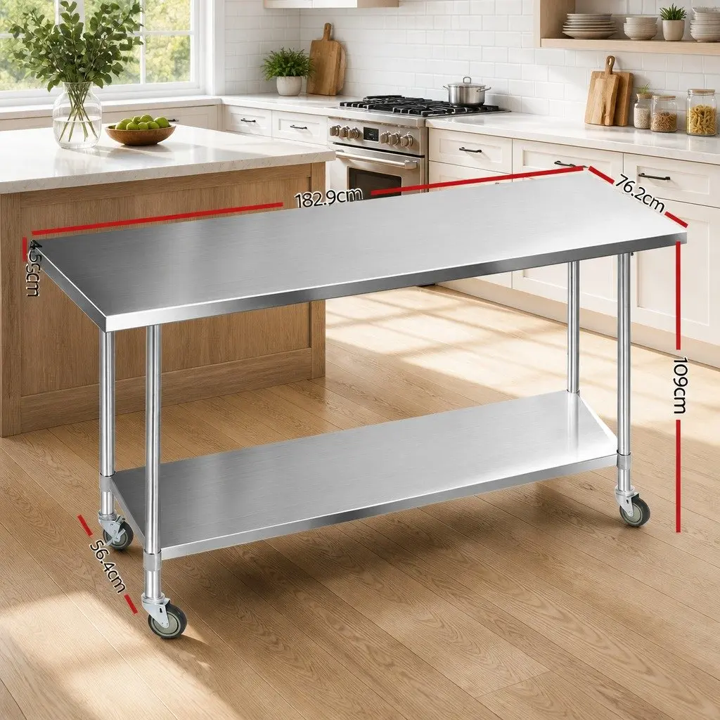 Stainless Steel Work Bench Adjustable 1829x760mm with Rolling Castor Wheels for Kitchen Food Preparation and Display