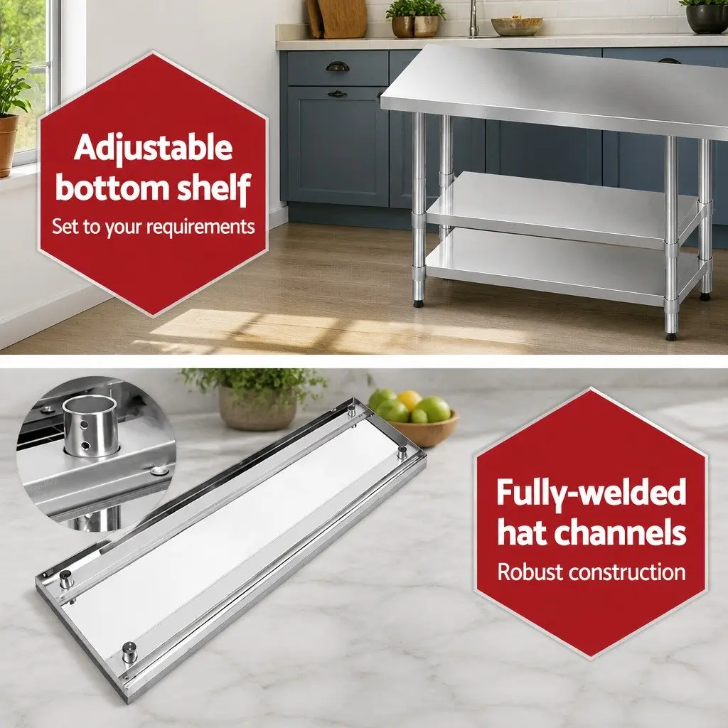 Stainless Steel Work Bench Adjustable 1829x760mm with Rolling Castor Wheels for Kitchen Food Preparation and Display