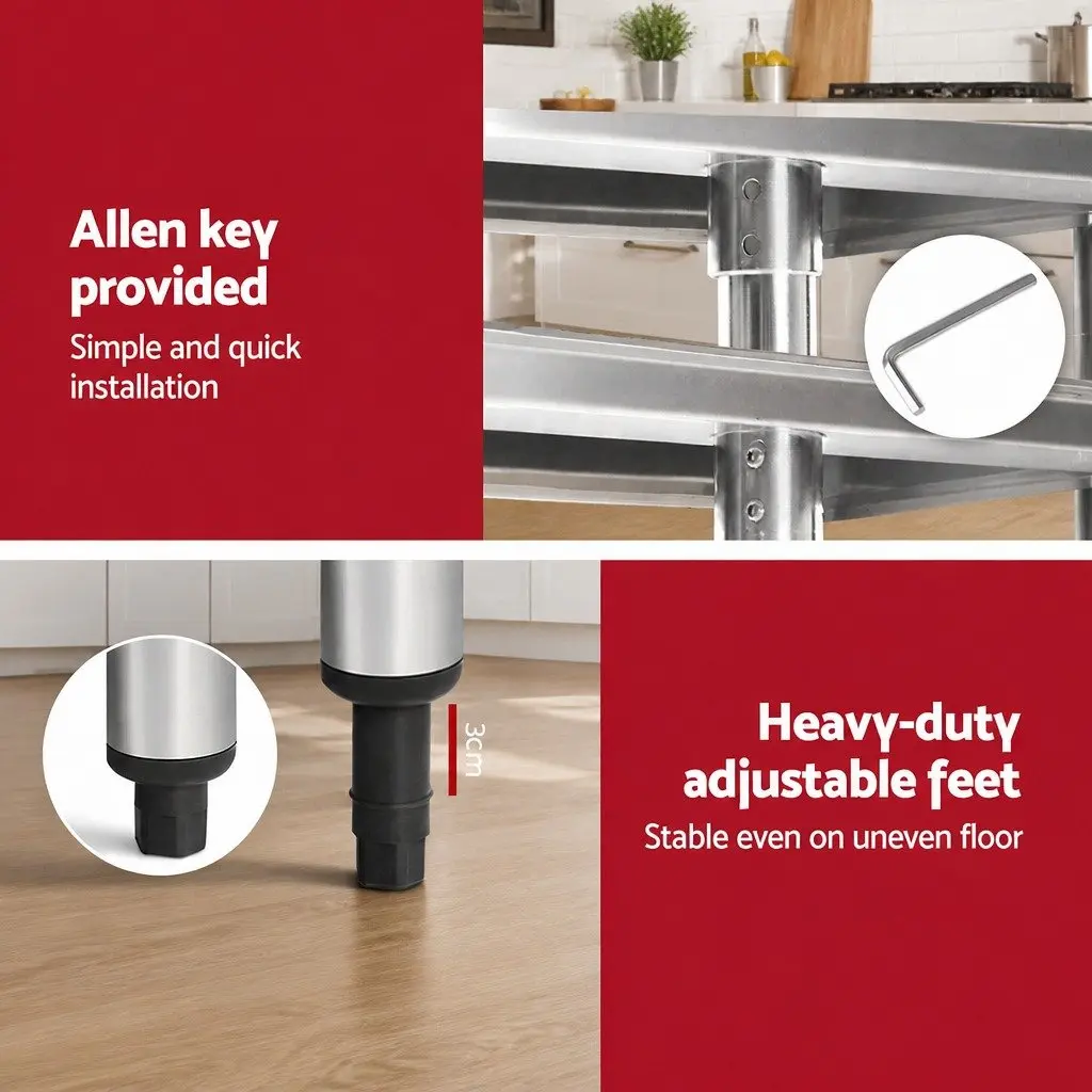 Stainless Steel Work Bench Adjustable 1829x760mm with Rolling Castor Wheels for Kitchen Food Preparation and Display