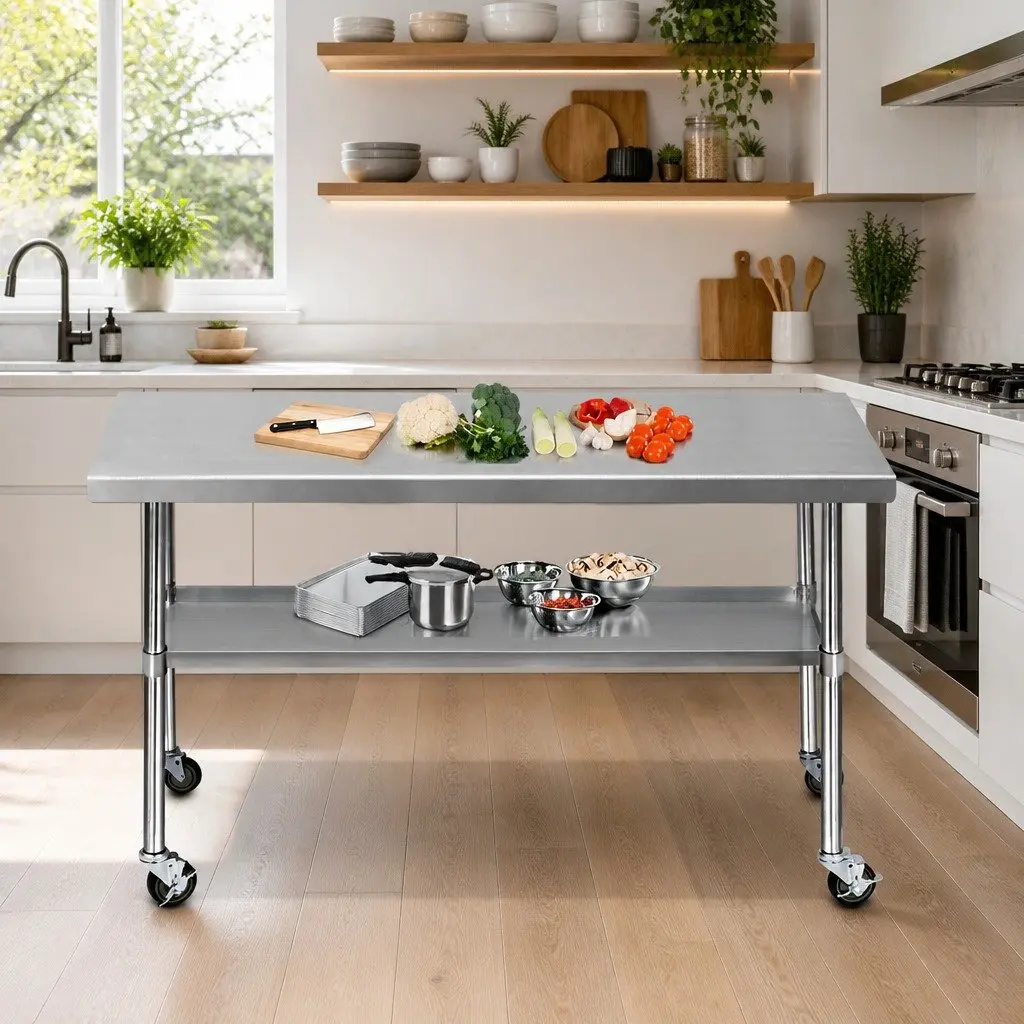 Stainless Steel Work Bench Adjustable 1829x760mm with Rolling Castor Wheels for Kitchen Food Preparation and Display