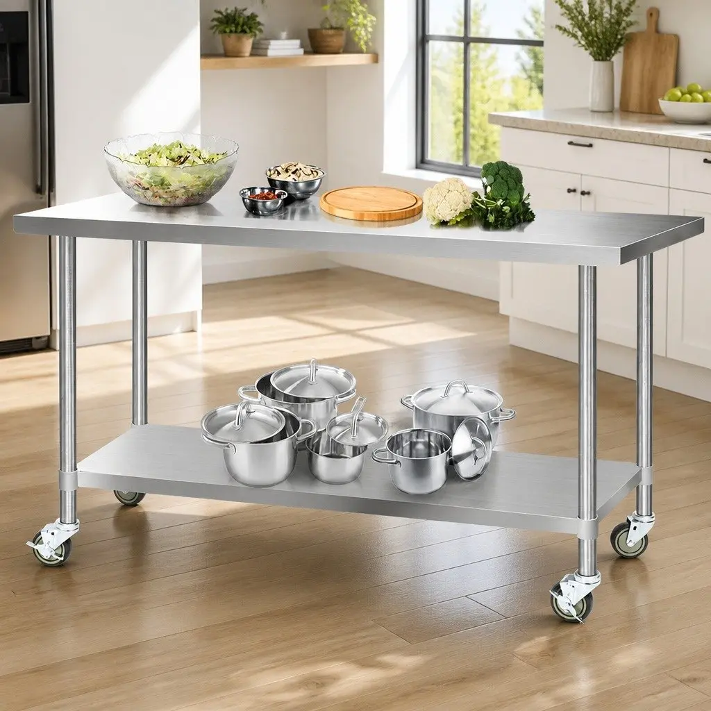 Stainless Steel Work Bench Adjustable 1829x760mm with Rolling Castor Wheels for Kitchen Food Preparation and Display