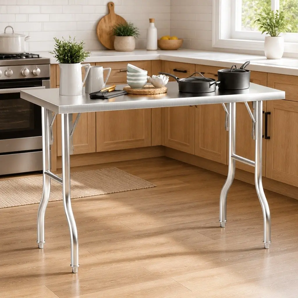 Stainless Steel Work Bench Kitchen Foldable Food Prep Table Adjustable Feet