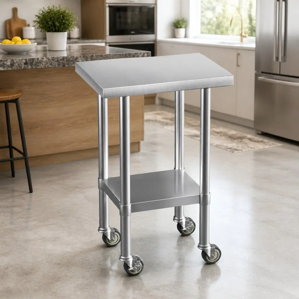 Stainless Steel Kitchen Work Bench with Wheels Adjustable Shelf 61x46cm