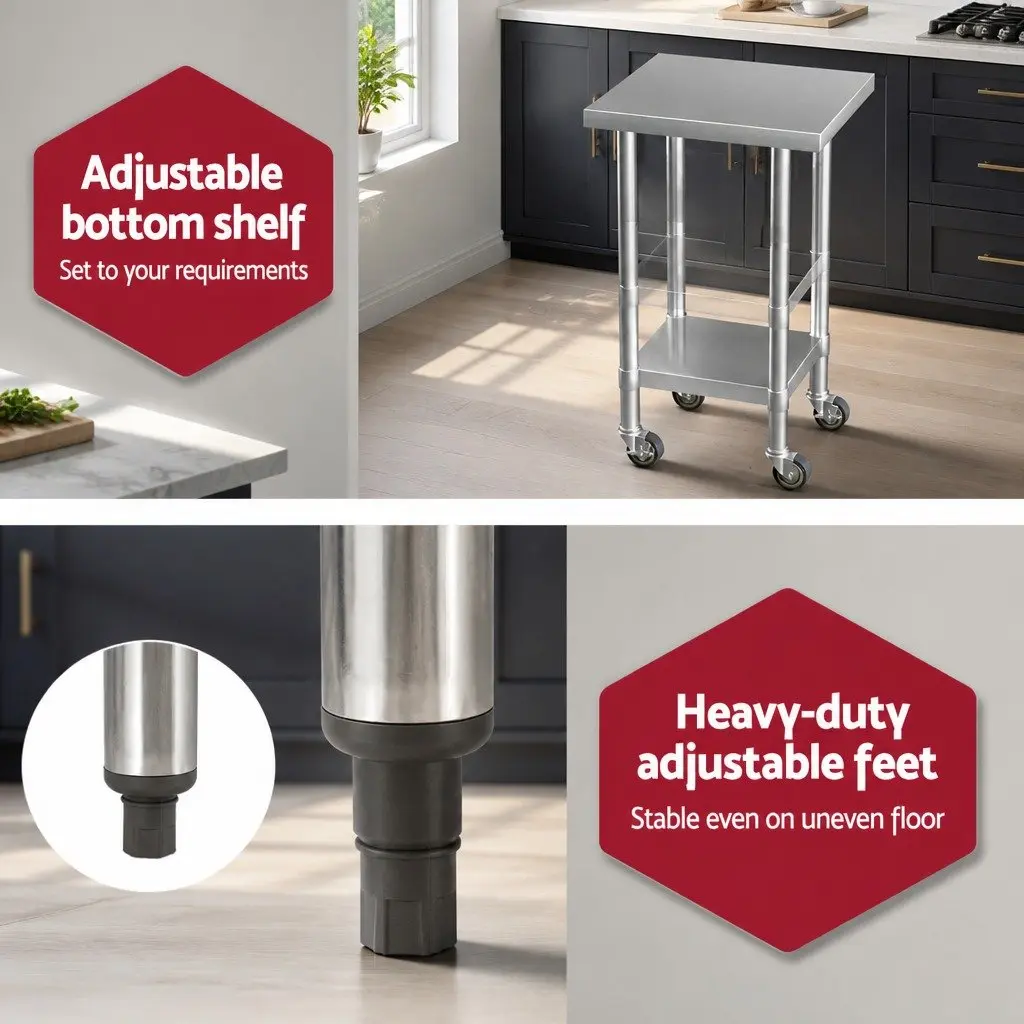 Stainless Steel Kitchen Work Bench with Wheels Adjustable Shelf 61x46cm
