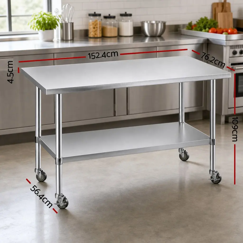 Stainless Steel Kitchen Work Bench 1524x762mm Prep Table with Splashback Castor