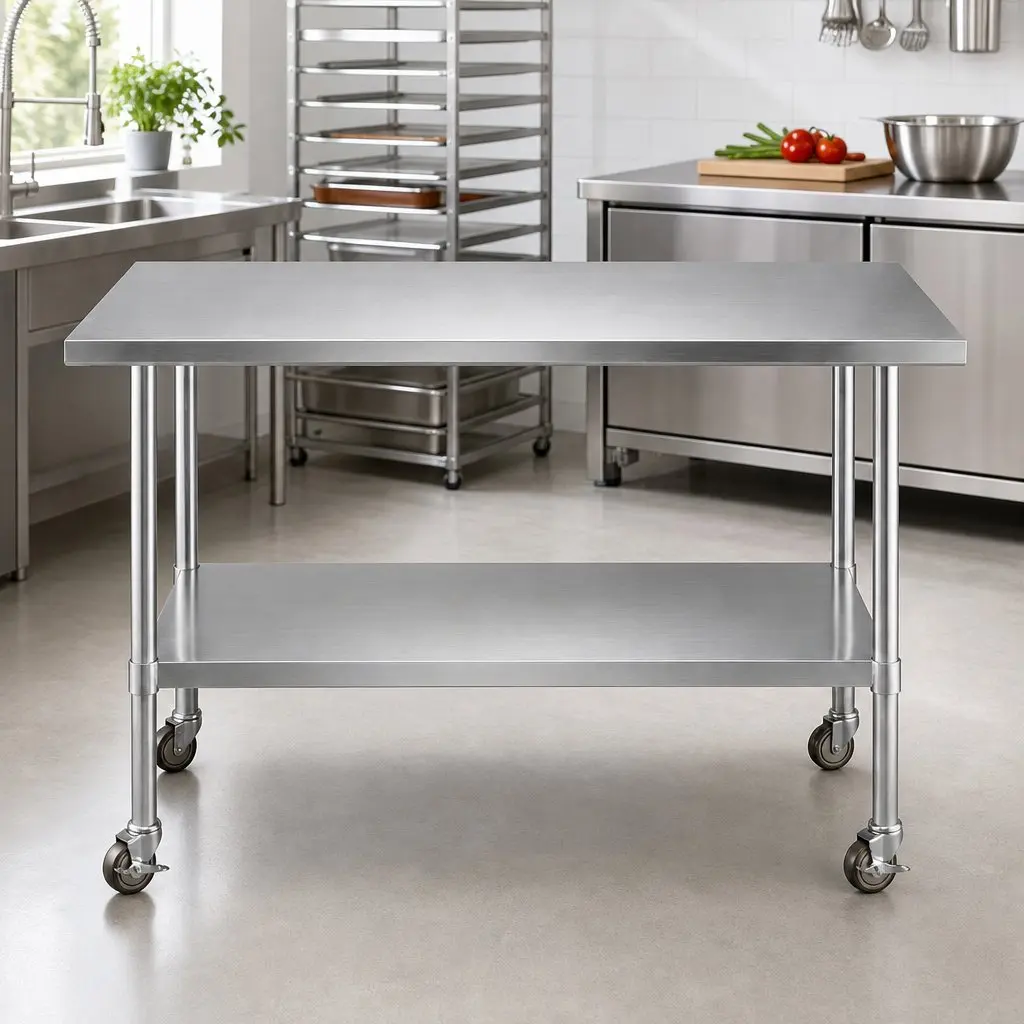 Stainless Steel Kitchen Work Bench 1524x762mm Prep Table with Splashback Castor