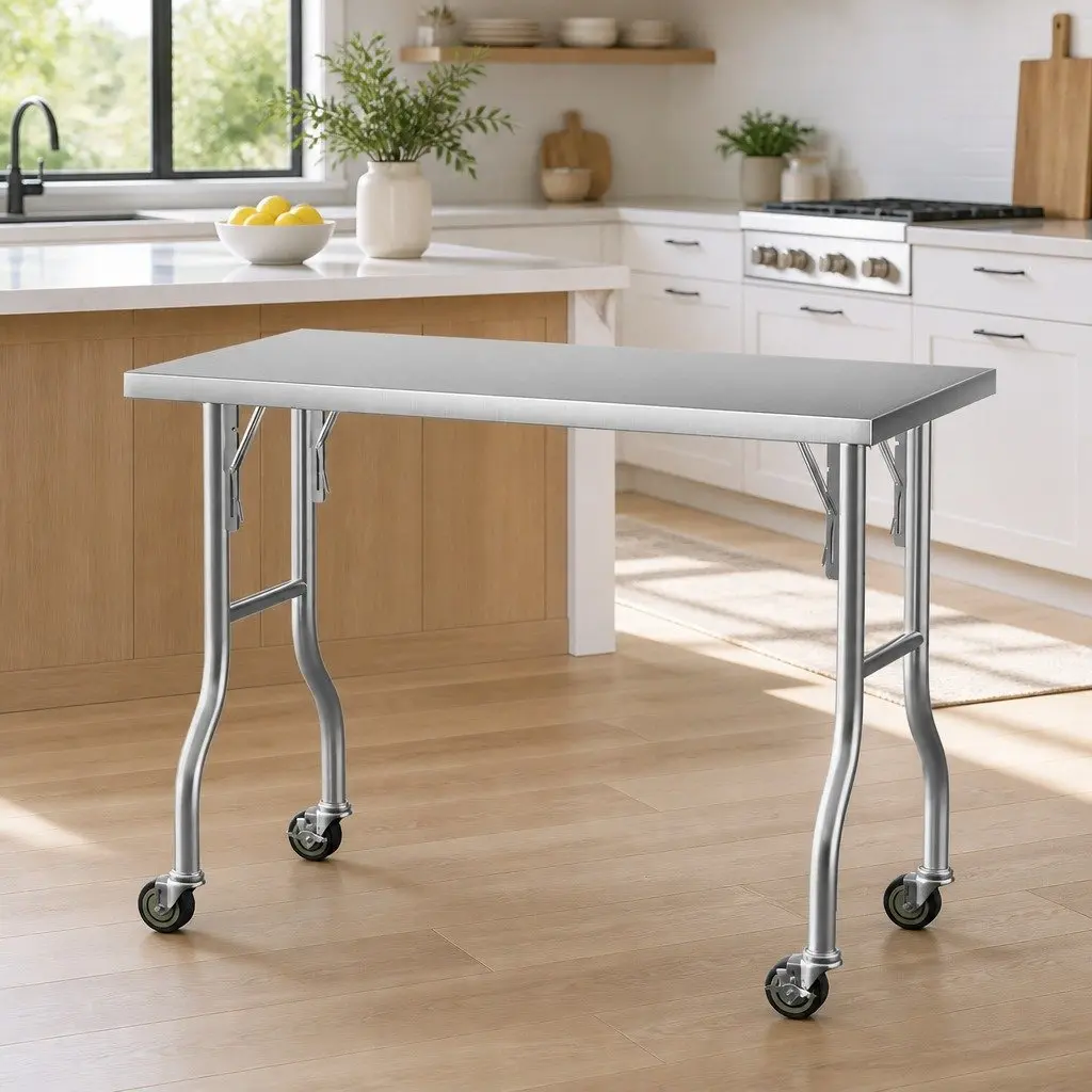 Stainless Steel Kitchen Work Bench with Wheels Foldable Legs 122x61cm