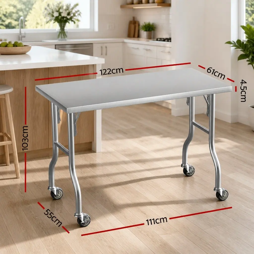 Stainless Steel Kitchen Work Bench with Wheels Foldable Legs 122x61cm