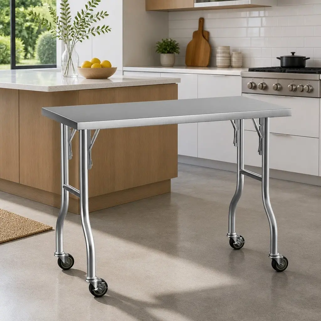 Stainless Steel Kitchen Work Bench with Wheels Foldable Legs 122x61cm