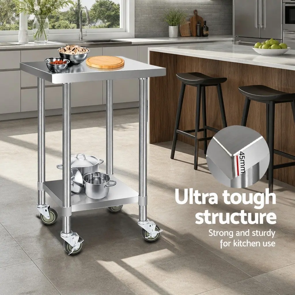 Stainless Steel Kitchen Work Bench 610x610mm Mobile Trolley Silver