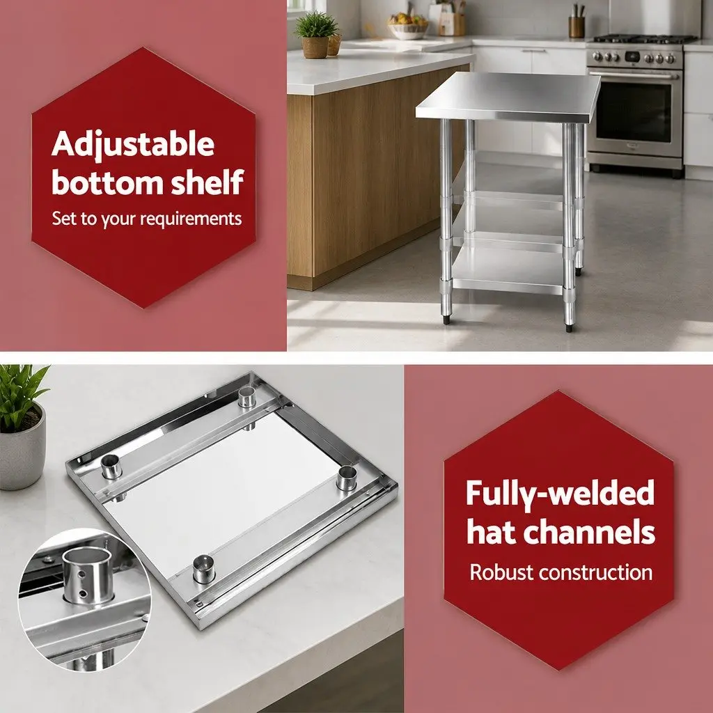 Stainless Steel Kitchen Work Bench 610x610mm Mobile Trolley Silver