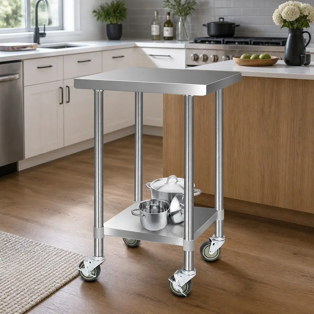Stainless Steel Kitchen Work Bench 610x610mm Mobile Trolley Silver