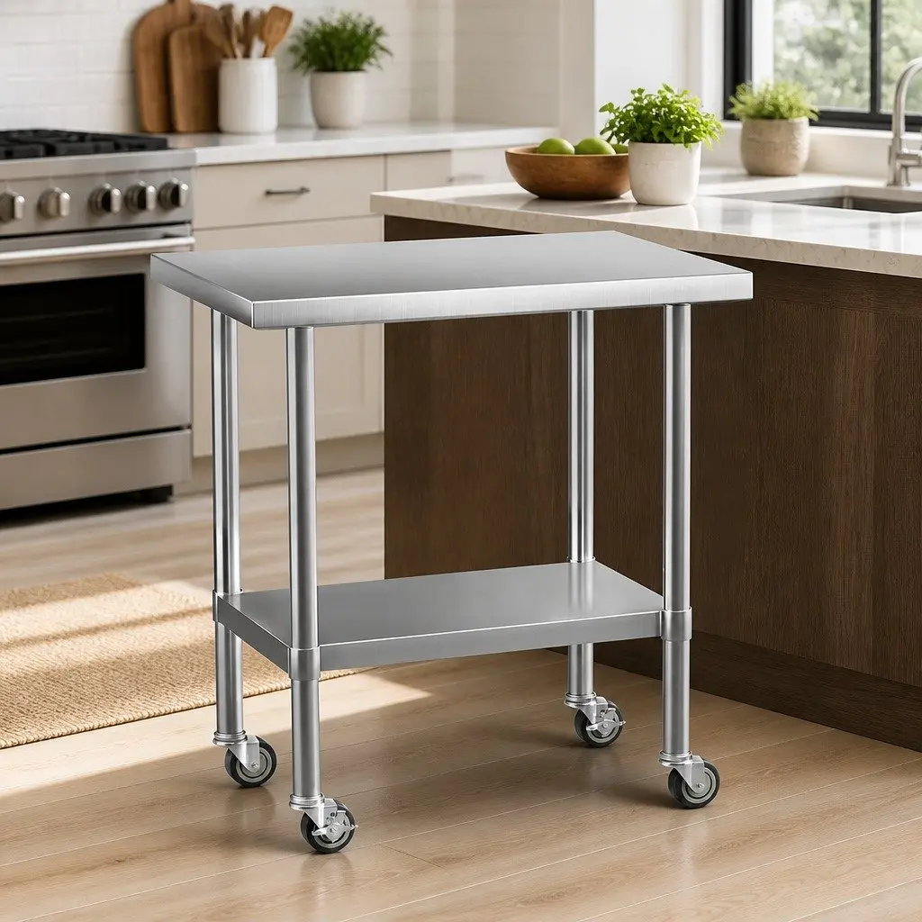 Kitchen Workbench Adjustable Shelf Stainless Steel 91x61cm Mobile with Wheels