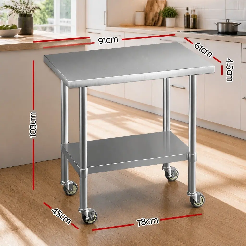 Kitchen Workbench Adjustable Shelf Stainless Steel 91x61cm Mobile with Wheels