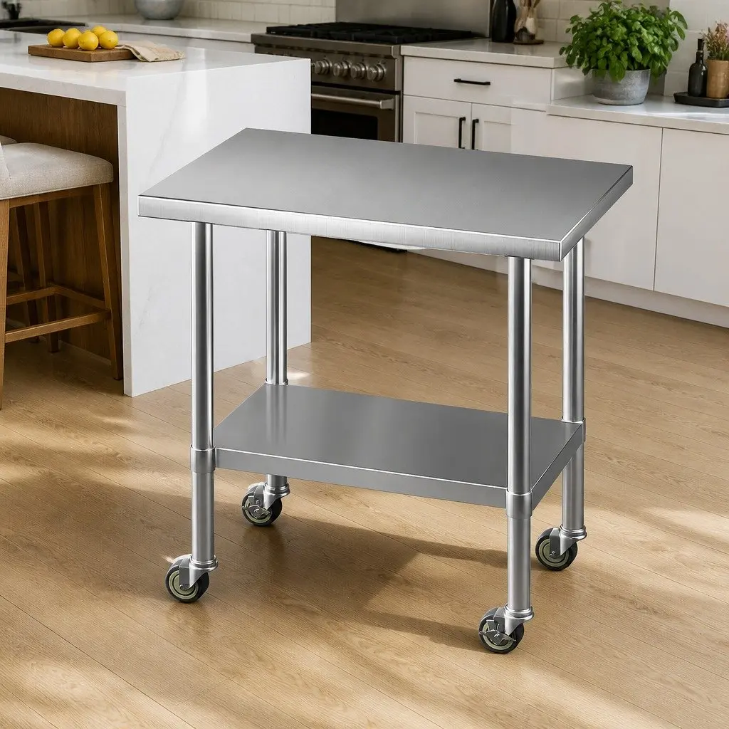Kitchen Workbench Adjustable Shelf Stainless Steel 91x61cm Mobile with Wheels