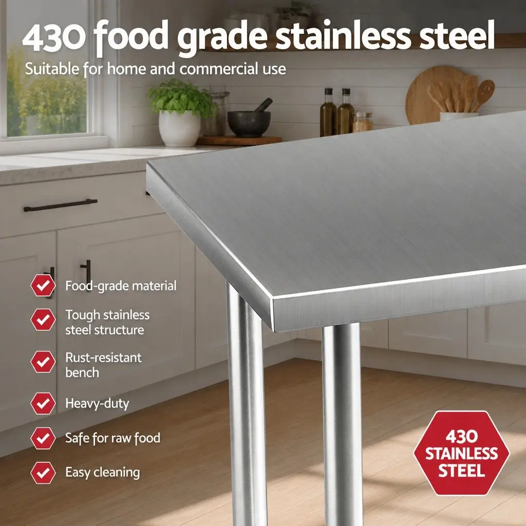 Kitchen Workbench Adjustable Shelf Stainless Steel 91x61cm Mobile with Wheels