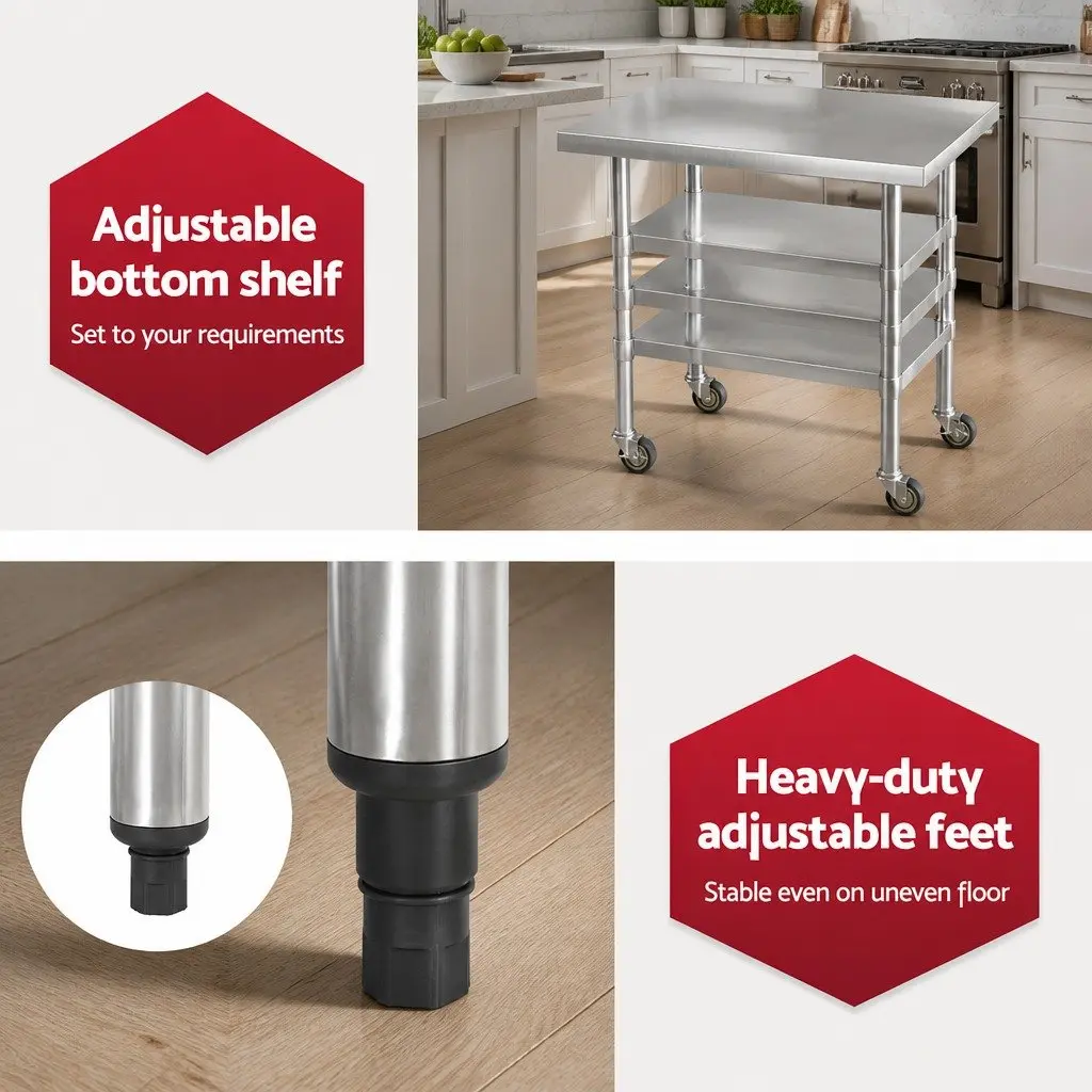 Kitchen Workbench Adjustable Shelf Stainless Steel 91x61cm Mobile with Wheels