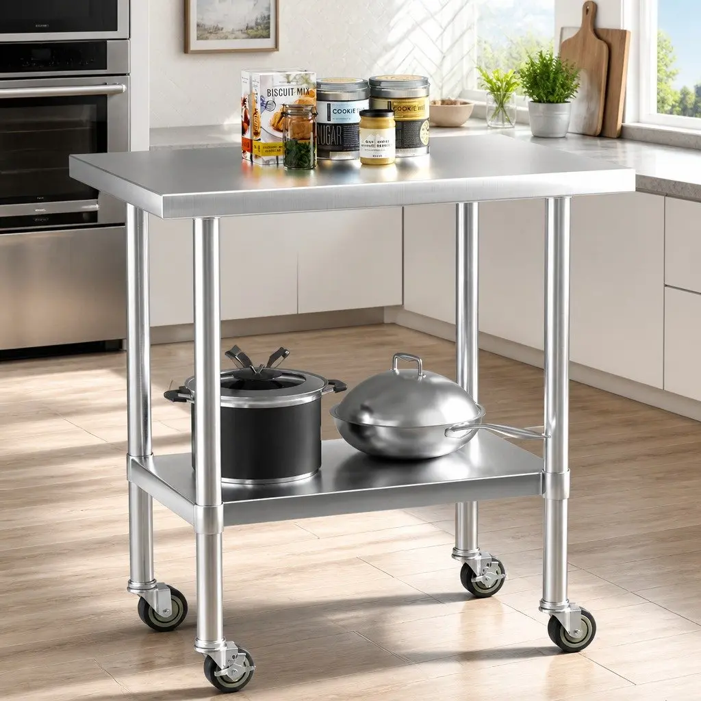 Kitchen Workbench Adjustable Shelf Stainless Steel 91x61cm Mobile with Wheels