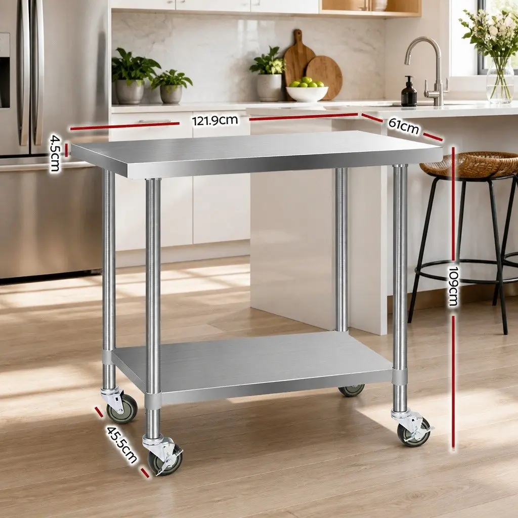 Stainless Steel Kitchen Bench with Lockable Wheels Adjustable Shelf Silver 1219 x 610 x 890mm