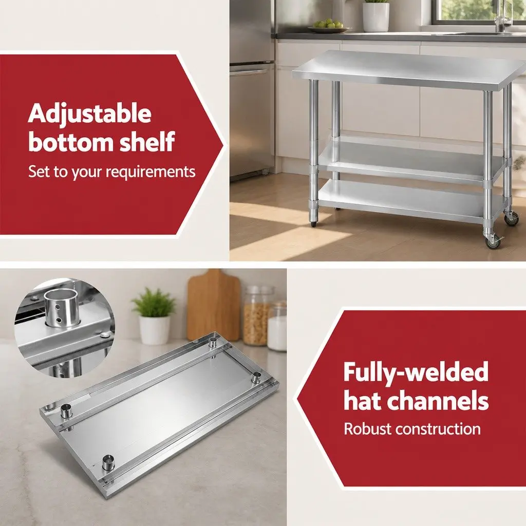 Stainless Steel Kitchen Bench with Lockable Wheels Adjustable Shelf Silver 1219 x 610 x 890mm